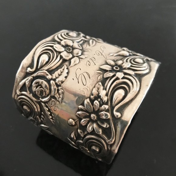 Floral Sterling Silver 925 Cuff Bracelet Antique Art Nouveau Spoon Ring Flowers - Picture 2 of 8